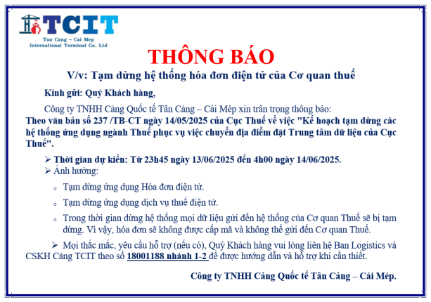 THÔNG BÁO V/V TẠM DỪNG HỆ THỐNG HÓA ĐƠN ĐIỆN TỬ CỦA CƠ QUAN THUẾ